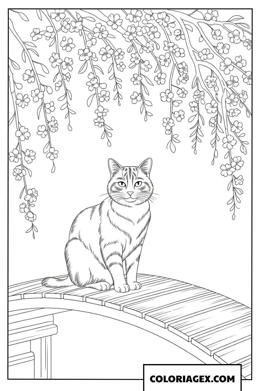 Dessin d un chat assis sur un pont sous les fleurs