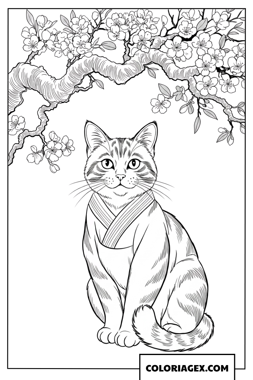 Dessin d un chat portant un habit traditionnel sous les fleurs