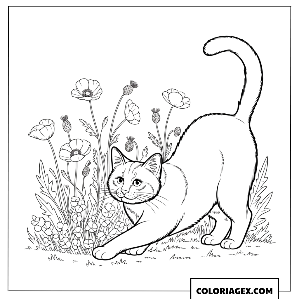 Dessin d un chat s etirant dans un champ de fleurs