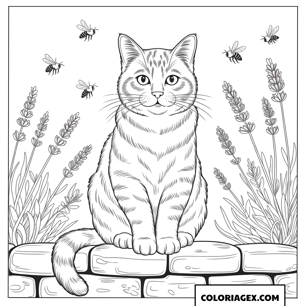 Dessin d un chat serein assis pres de la lavande