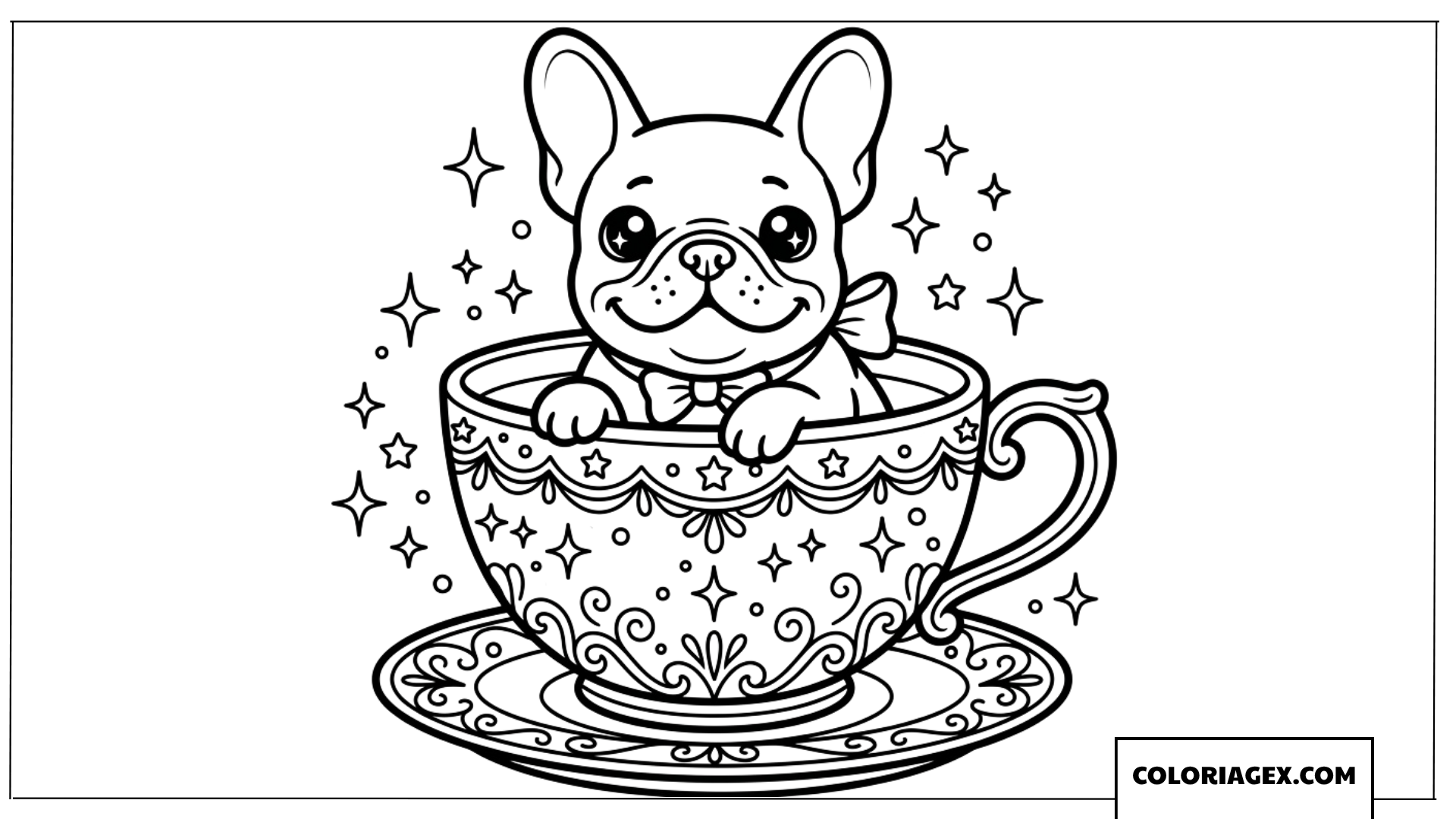 Dessin d un chiot Bouledogue Français installe dans une tasse a colorier