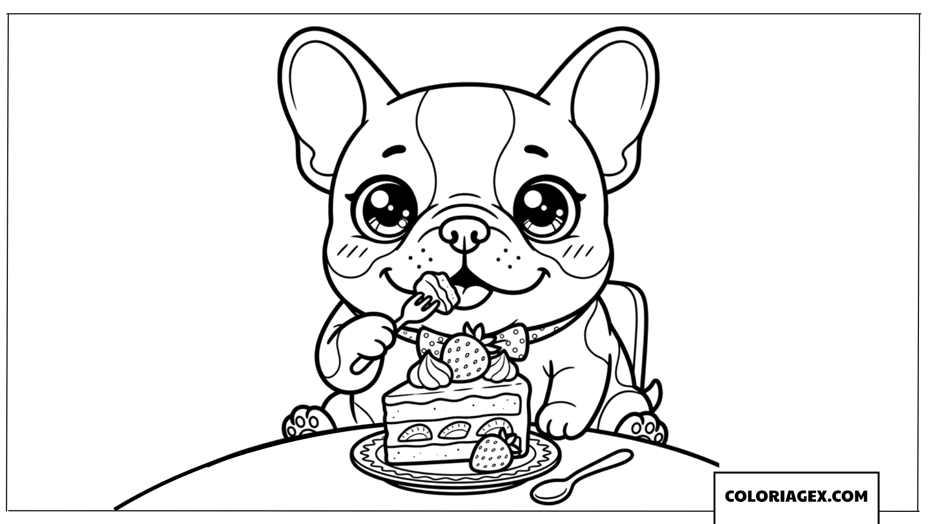 Dessin d un chiot Bouledogue Français mangeant un gâteau a colorier