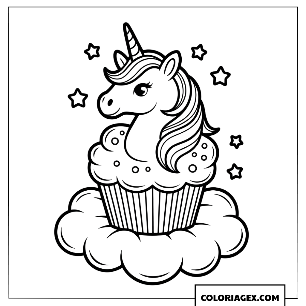 Dessin d un cupcake licorne flottant sur un nuage