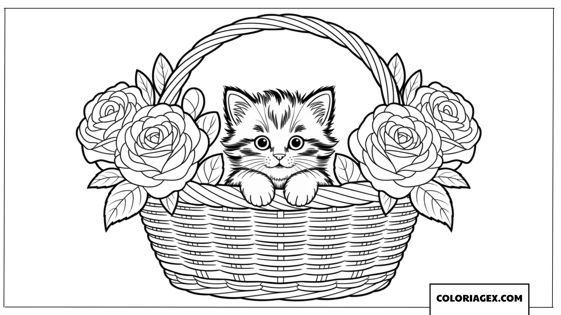 Dessin d un petit chaton curieux dans un panier fleuri