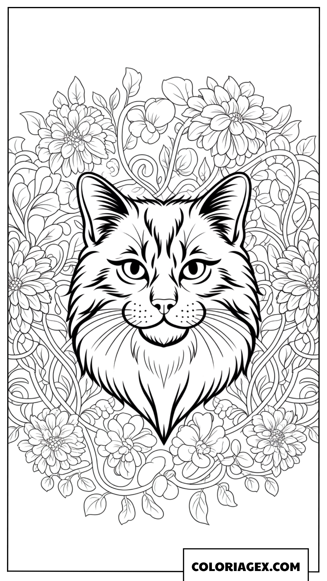 Dessin d une tete de chat majestueuse dans des fleurs