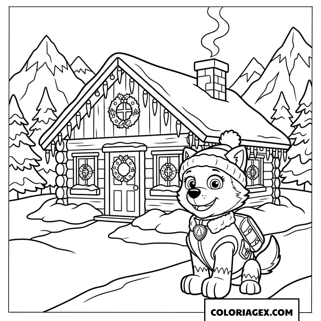 Dessin d'Everest Paw Patrol devant son chalet de Noël