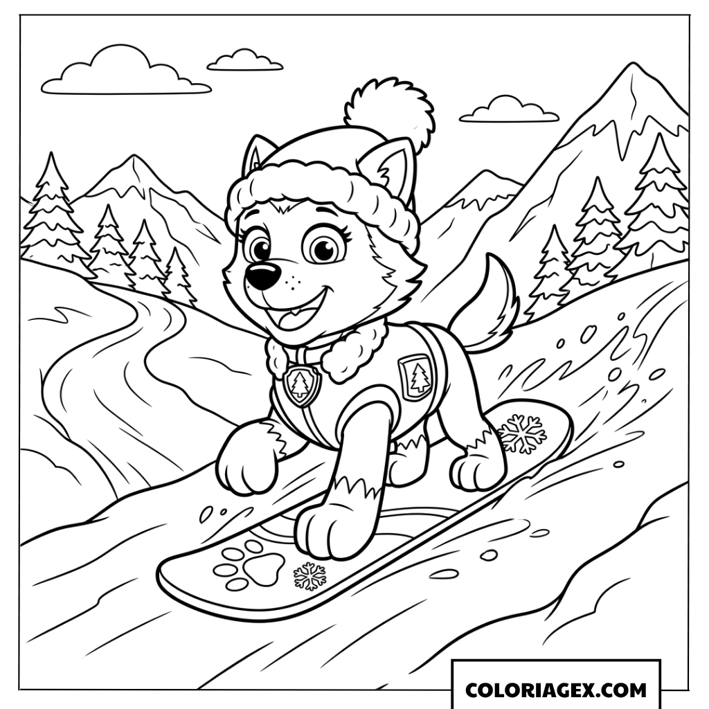 Dessin d'Everest Paw Patrol faisant du snowboard pour les fêtes