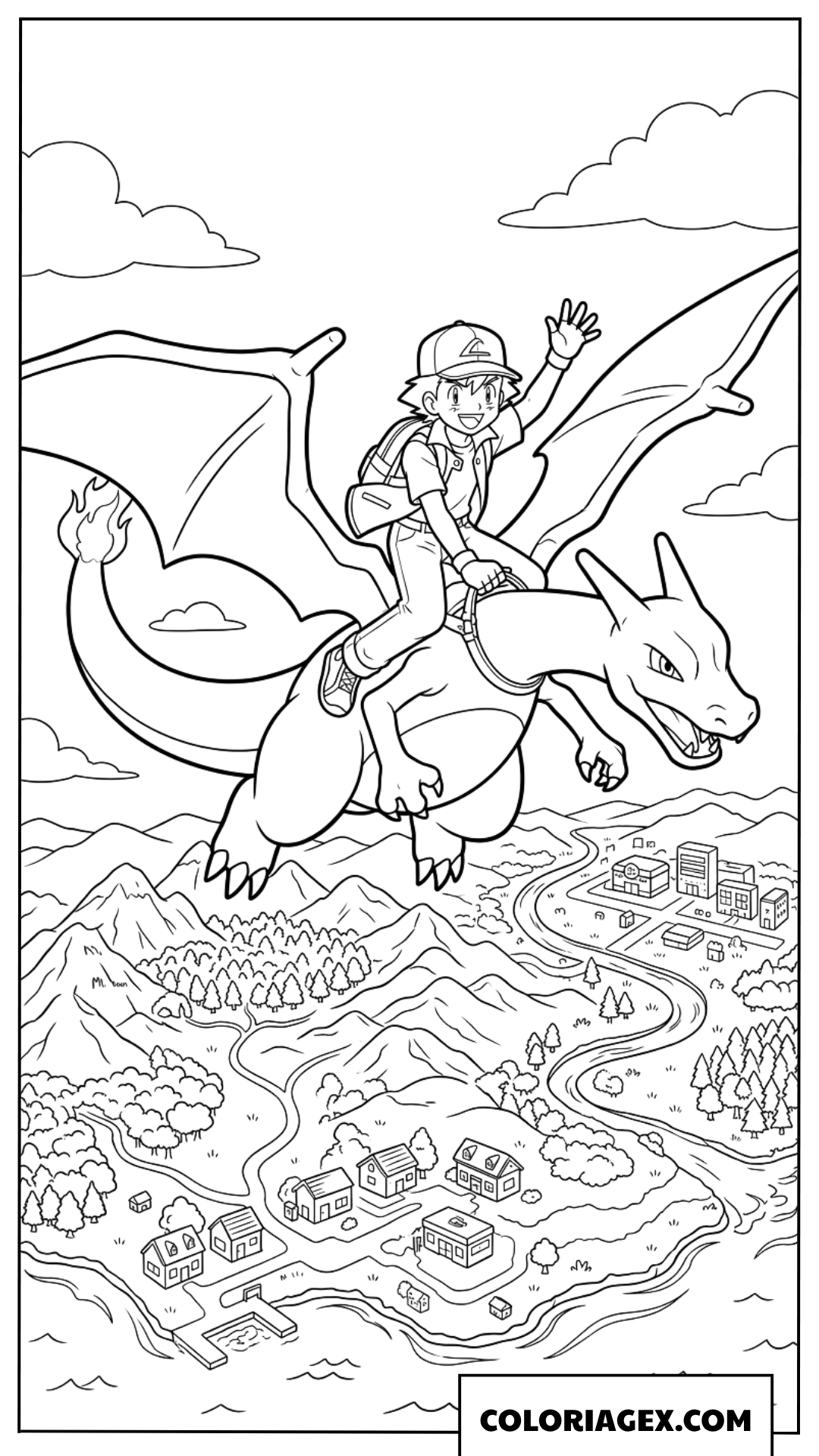 Dessin de Ash chevauchant Charizard dans le ciel