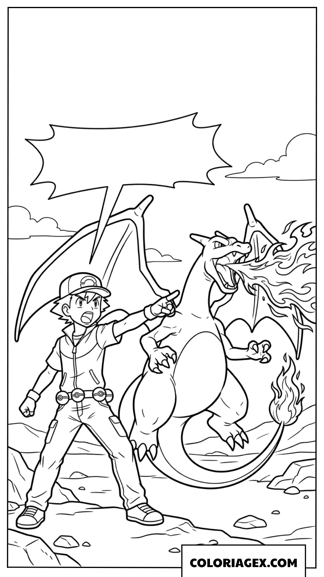 Dessin de Ash et Charizard en plein combat