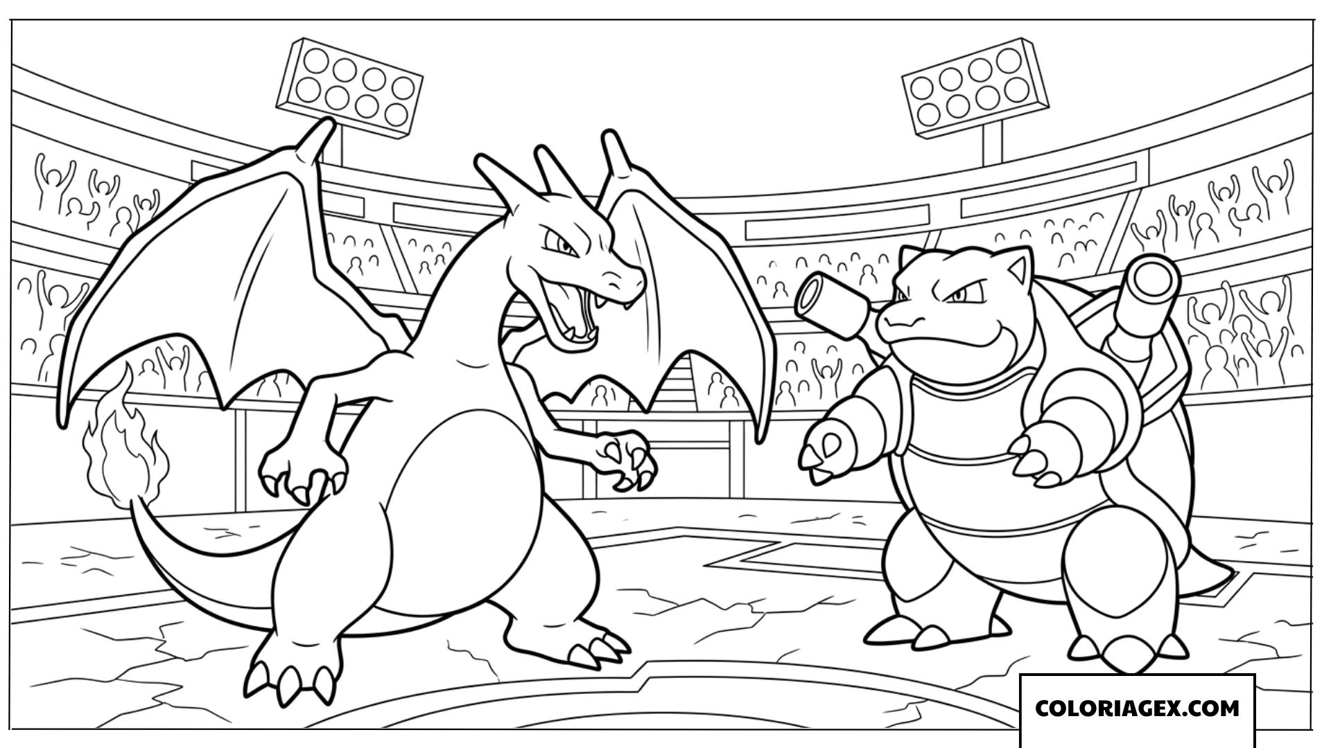 Dessin de Charizard affrontant Blastoise dans l'arene