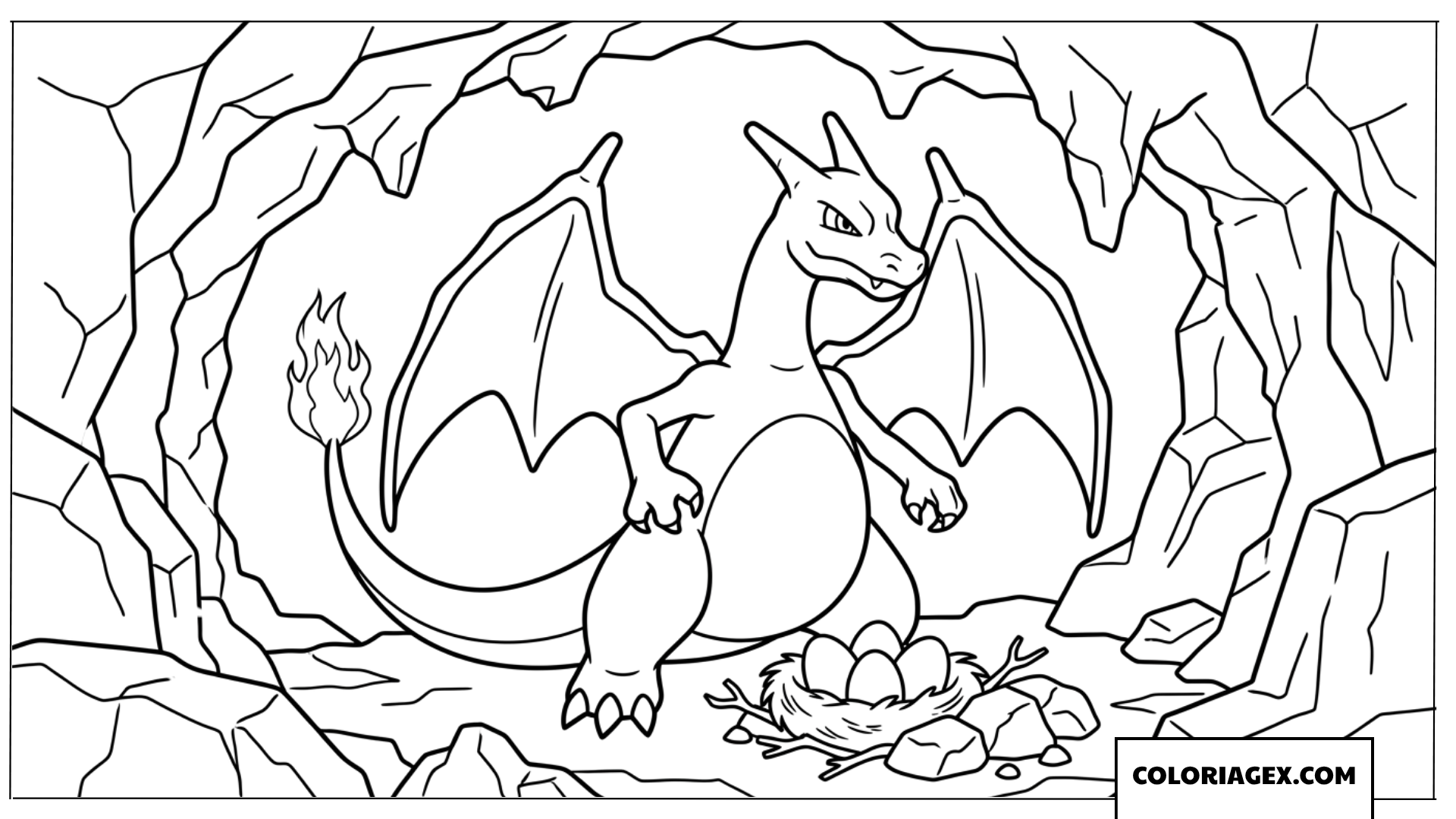 Dessin de Charizard gardant son nid d'oeufs dans une grotte