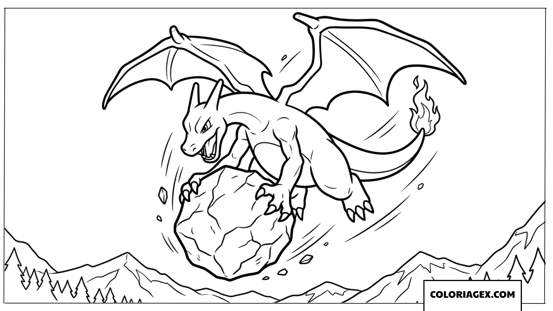 Dessin de Charizard soulevant un enorme rocher