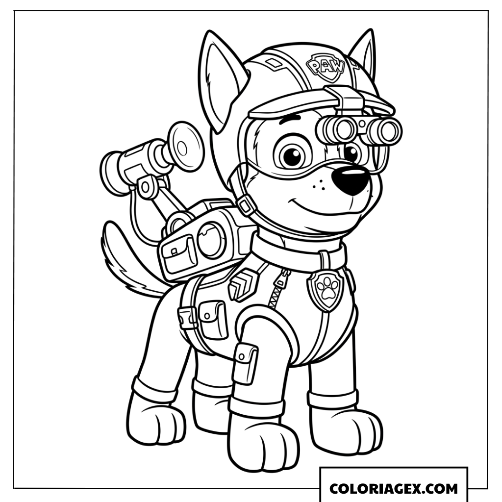 Dessin de Chase Paw Patrol avec son équipement de mission d'espionnage