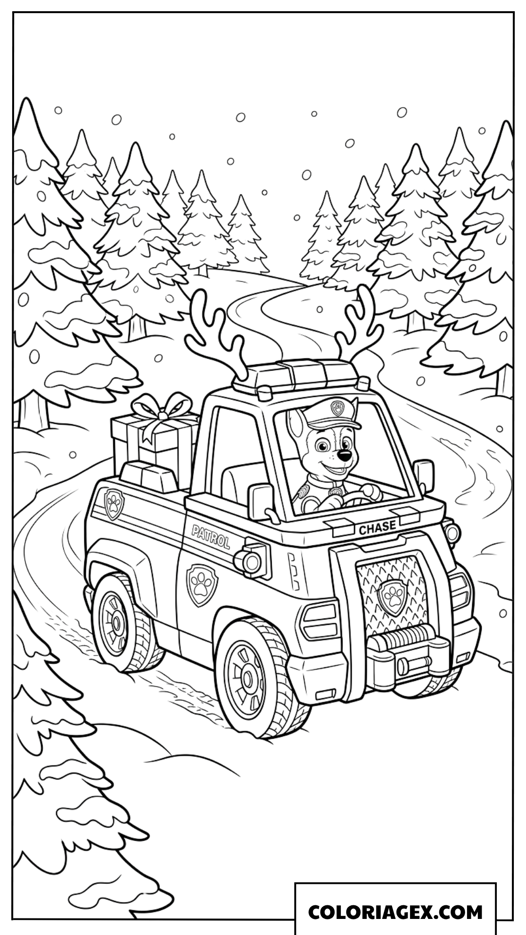 Dessin de Chase Paw Patrol conduisant son camion de police avec des cadeaux