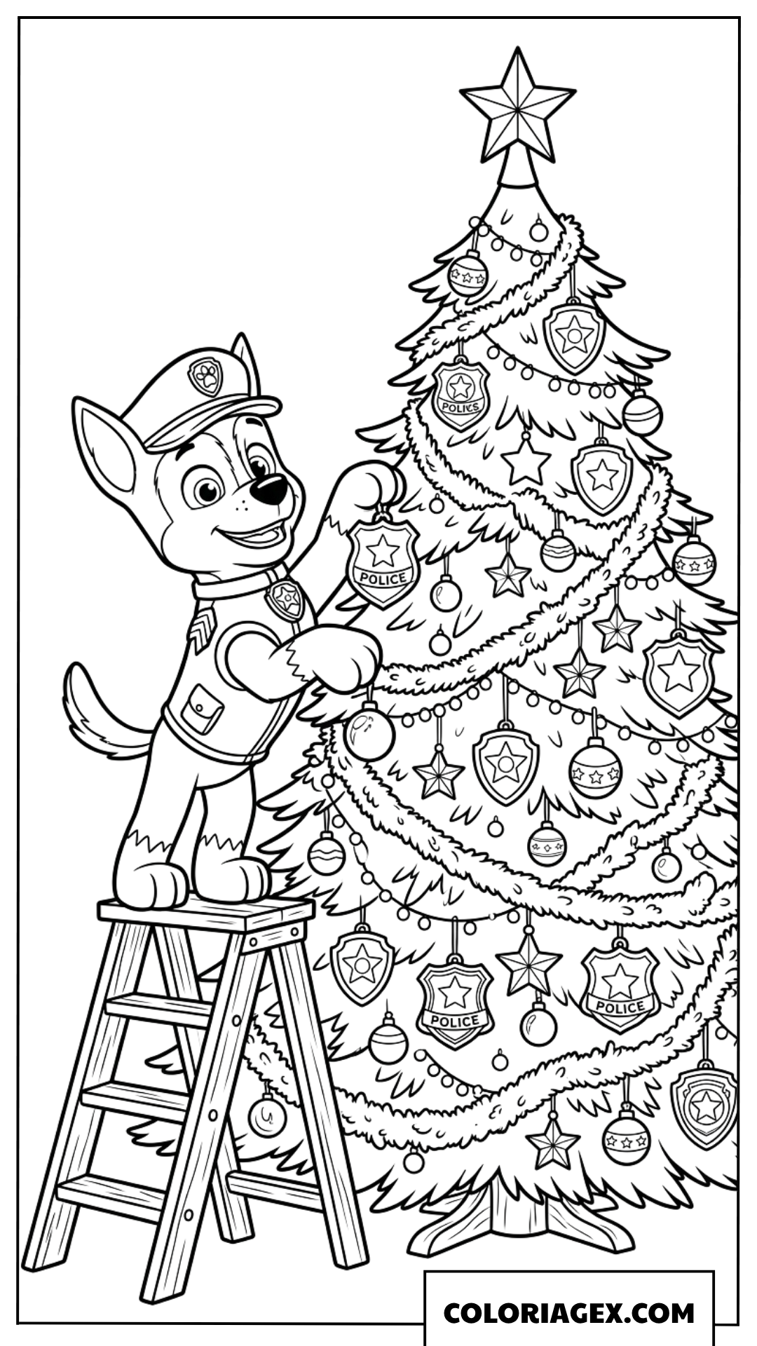 Dessin de Chase Paw Patrol décorant un sapin de Noël