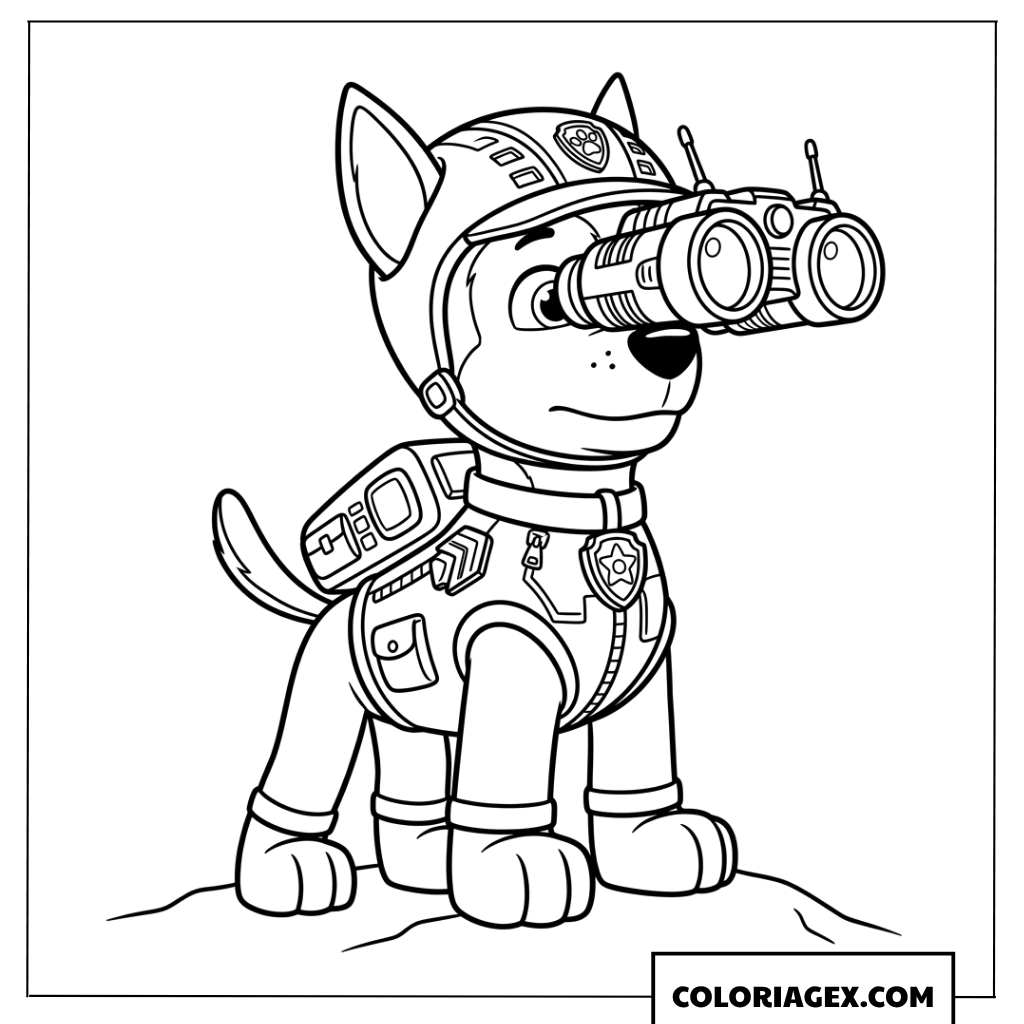 Dessin de Chase Paw Patrol utilisant des jumelles de haute technologie