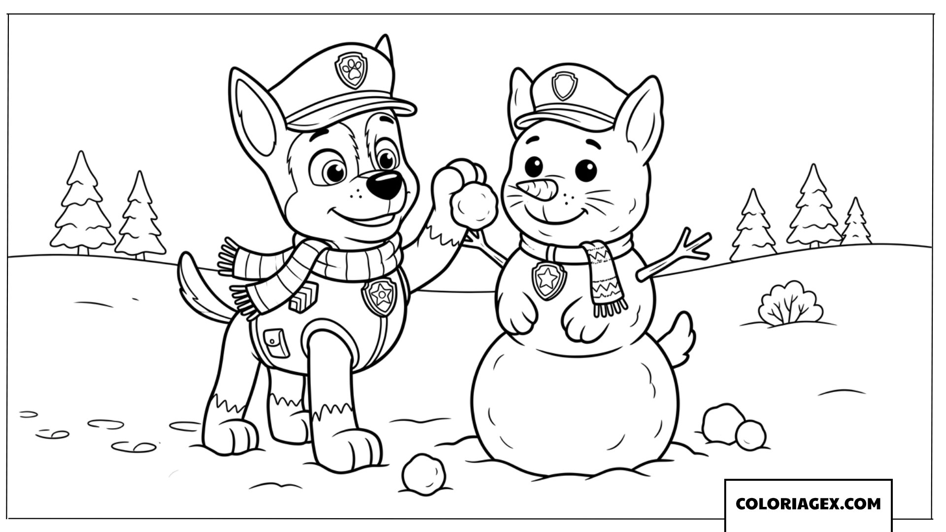 Dessin de Chase construisant un bonhomme de neige pour Noël
