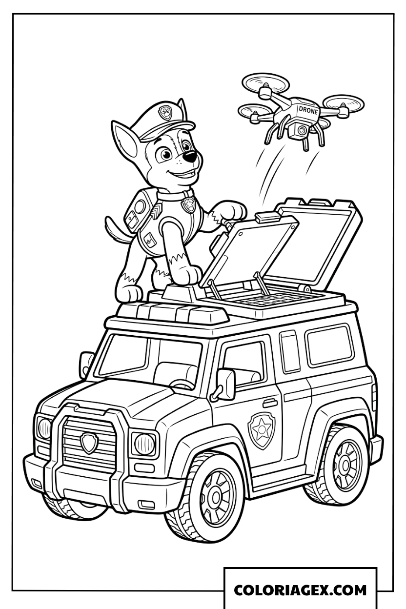 Dessin de Chase contrôlant un équipement sur le toit de la voiture de police