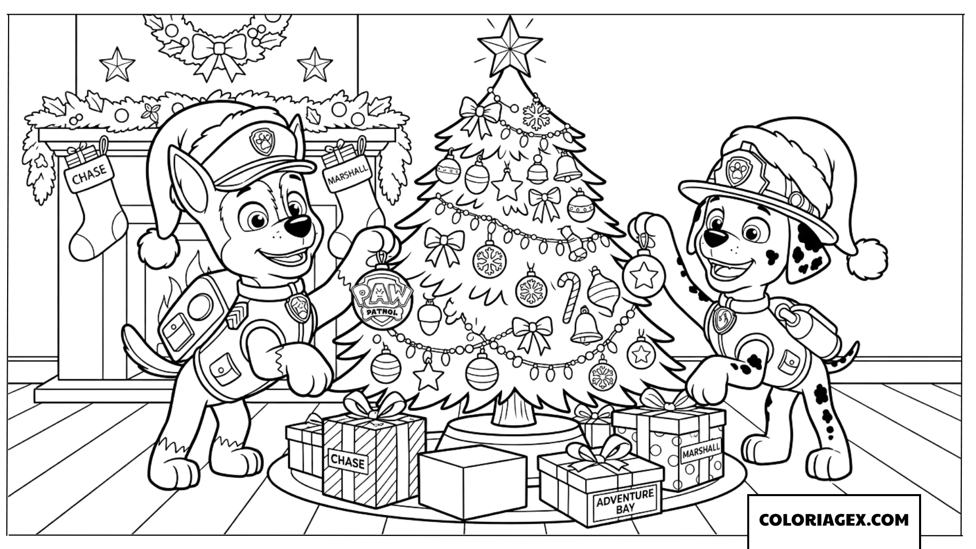 Dessin de Chase et Marcus décorant le sapin de Noël