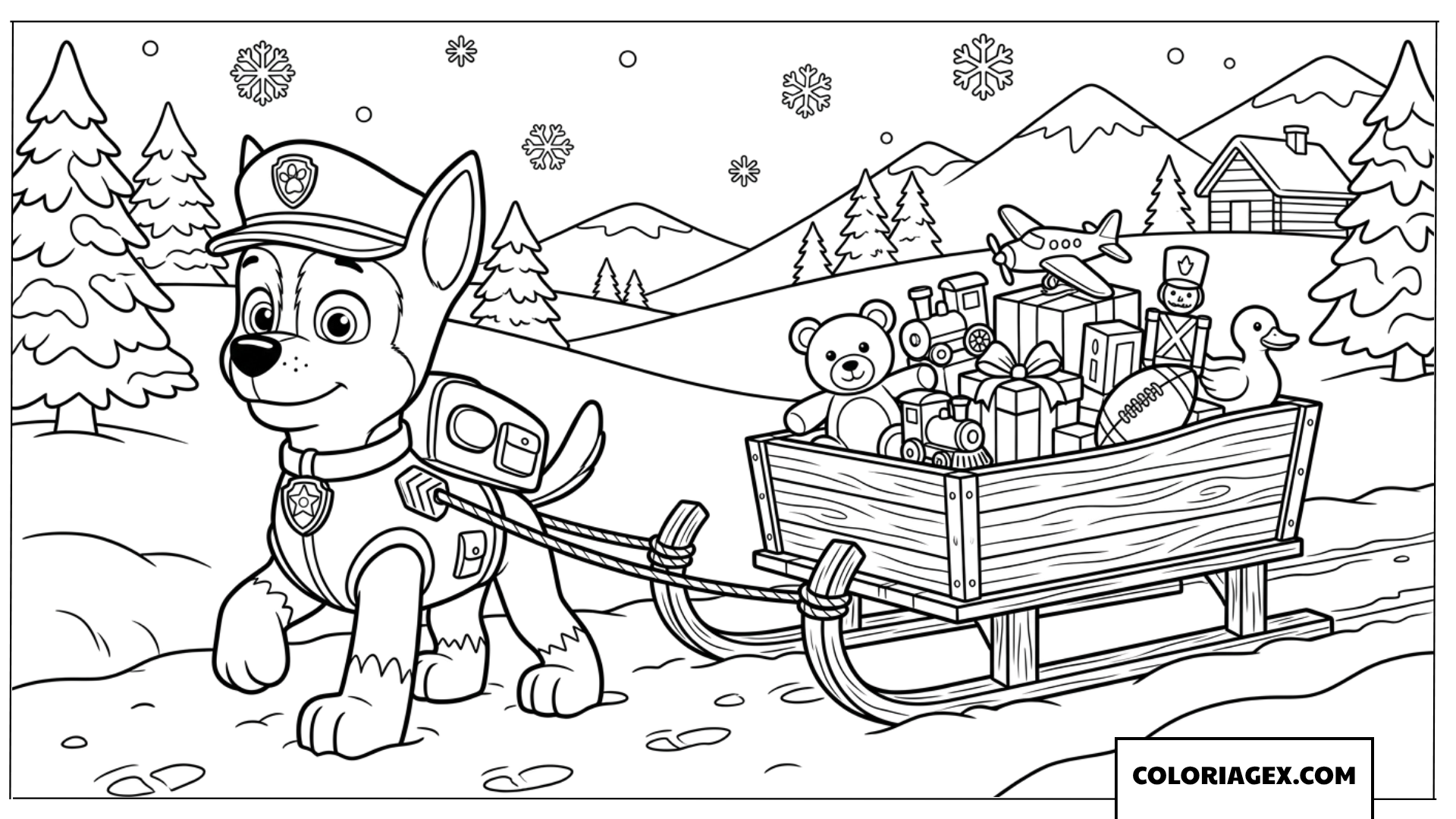 Dessin de Chase tirant un traîneau rempli de cadeaux de Noël