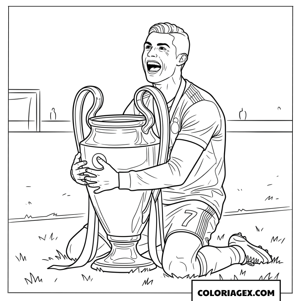 Dessin de Cristiano Ronaldo à genoux serrant la coupe de la Ligue des Champions