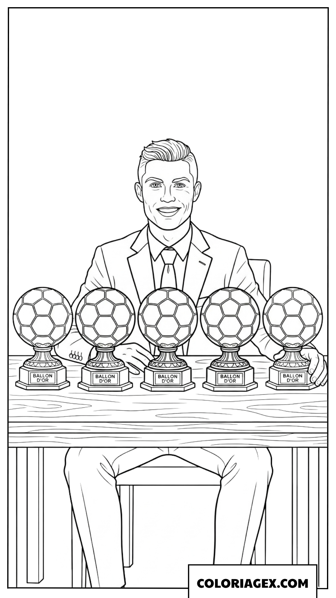 Dessin de Cristiano Ronaldo assis avec ses 5 Ballons d'Or