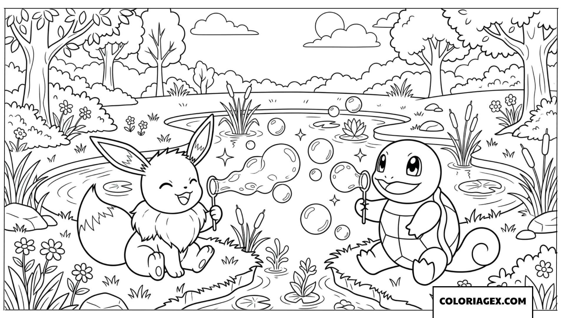 Dessin de Eevee et Squirtle s amusant avec des bulles