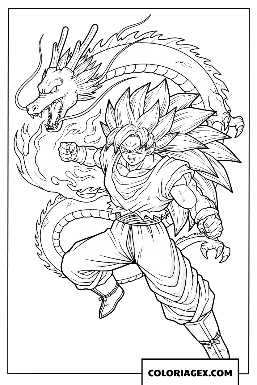 Dessin de Goku Super Saiyan 3 avec le dragon sacré
