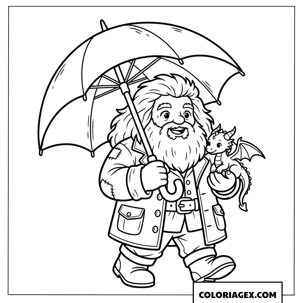 Dessin de Hagrid le géant avec son parapluie et un petit dragon