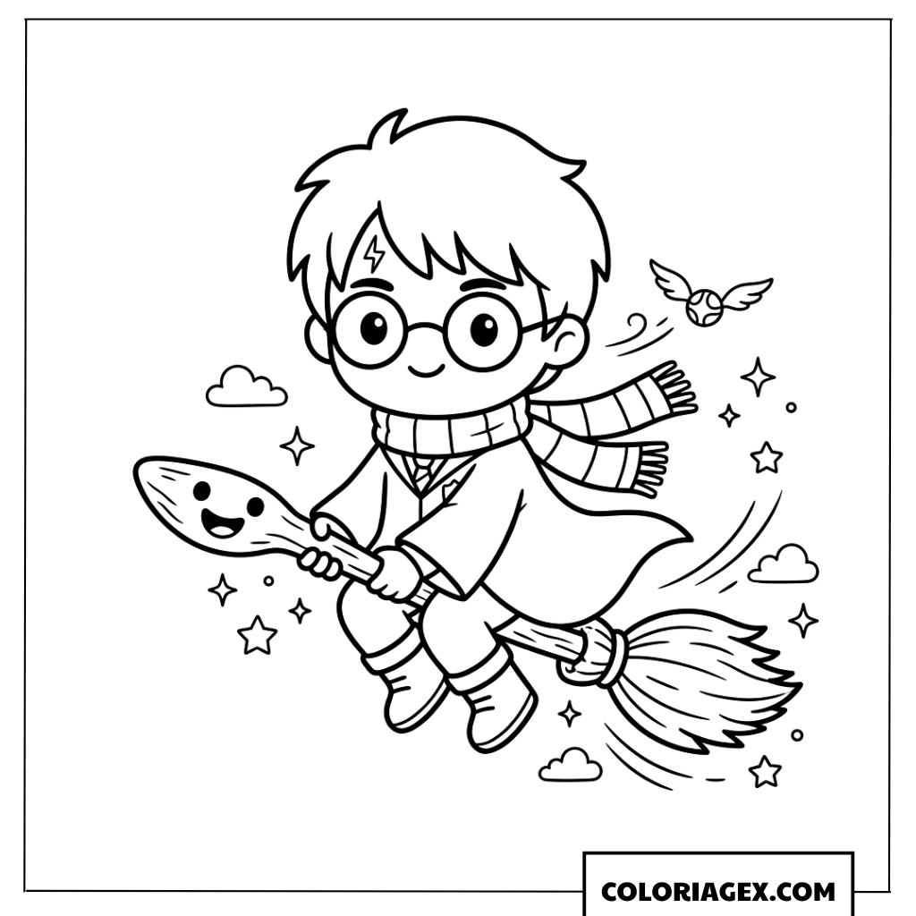 Dessin de Harry Potter chibi volant sur un balai