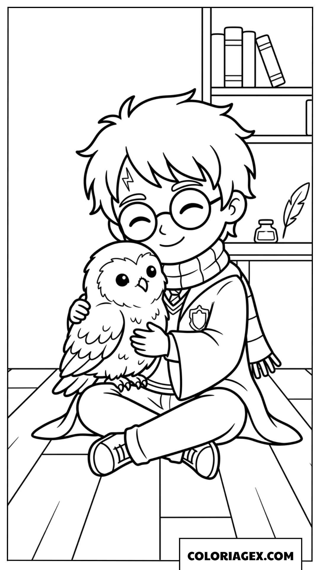 Dessin de Harry Potter faisant un gros câlin à sa chouette Hedwige