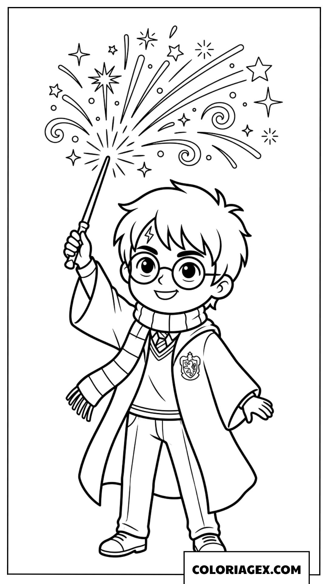 Dessin de Harry Potter pratiquant un sortilège avec sa baguette magique
