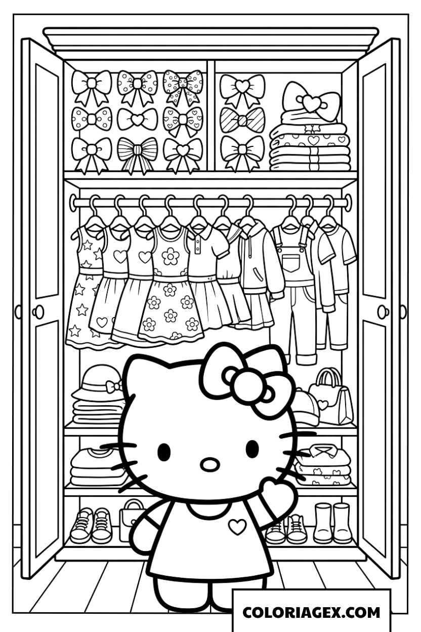 Dessin de Hello Kitty choisissant une tenue dans sa garde robe