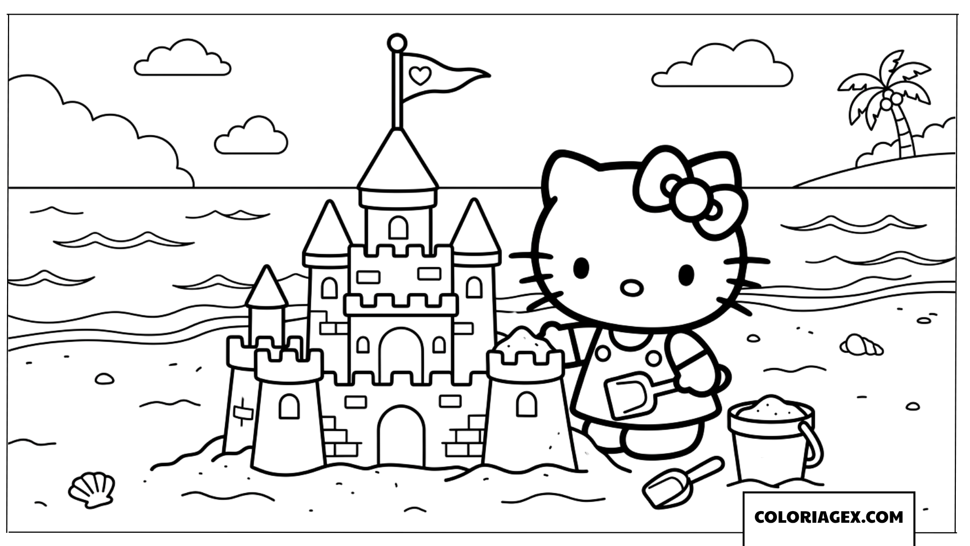 Dessin de Hello Kitty construisant un chateau de sable