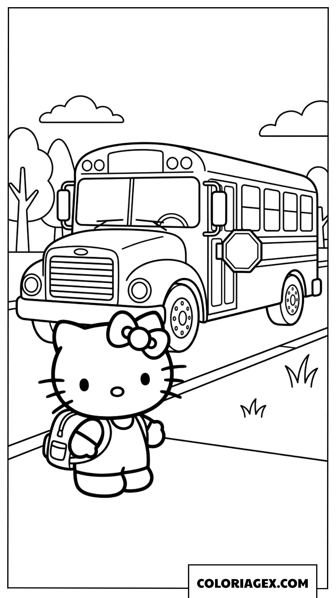 Dessin de Hello Kitty devant son bus scolaire