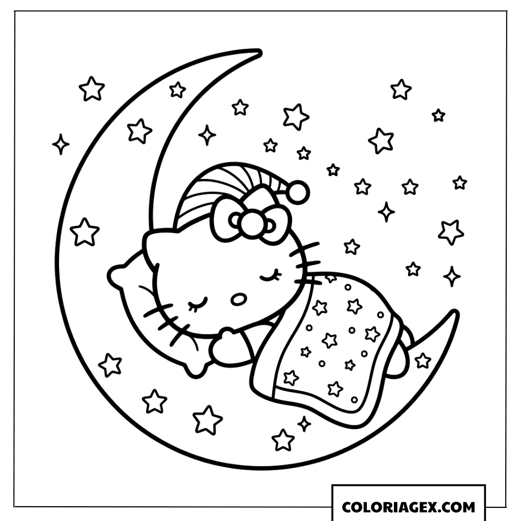 Dessin de Hello Kitty dormant paisiblement sur un croissant de lune