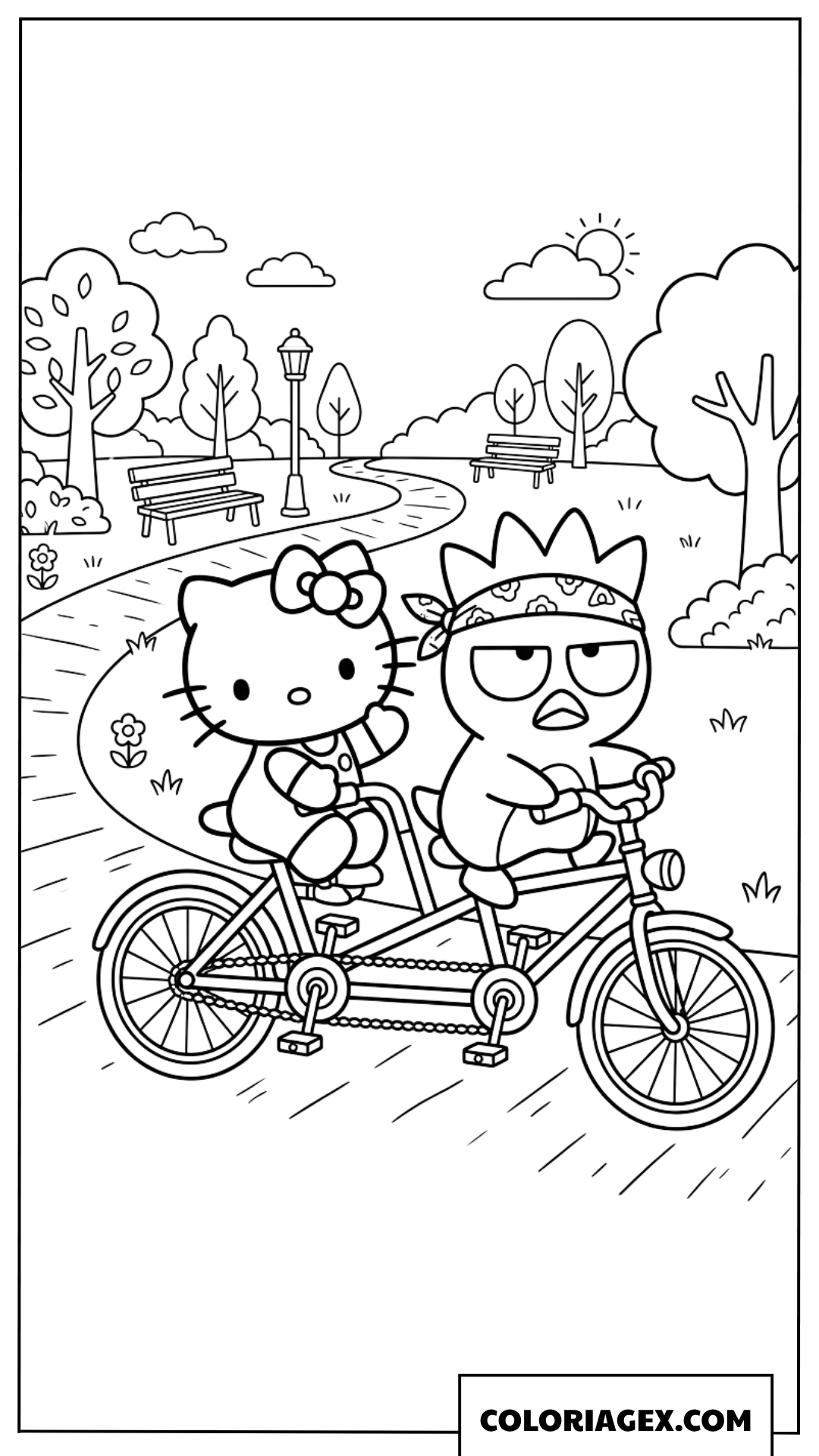 Dessin de Hello Kitty et Badtz Maru faisant du velo