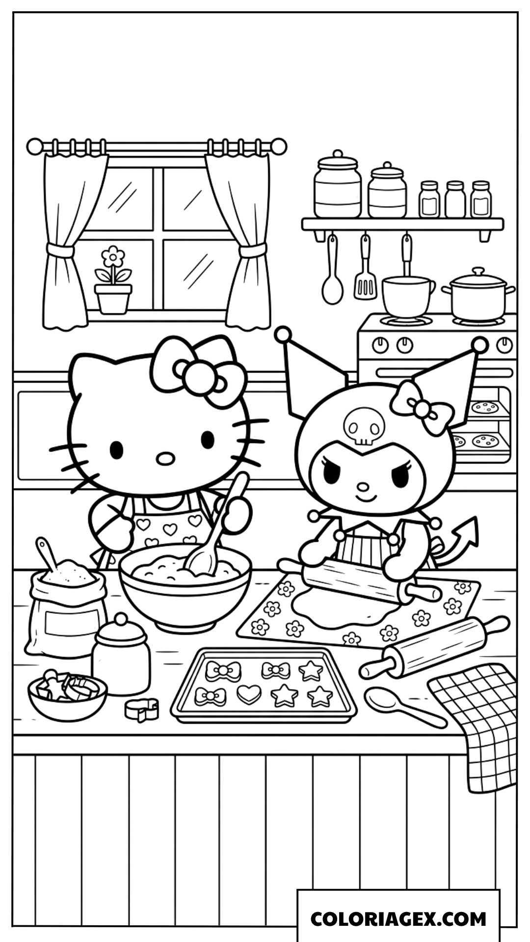 Dessin de Hello Kitty et Kuromi preparant des biscuits