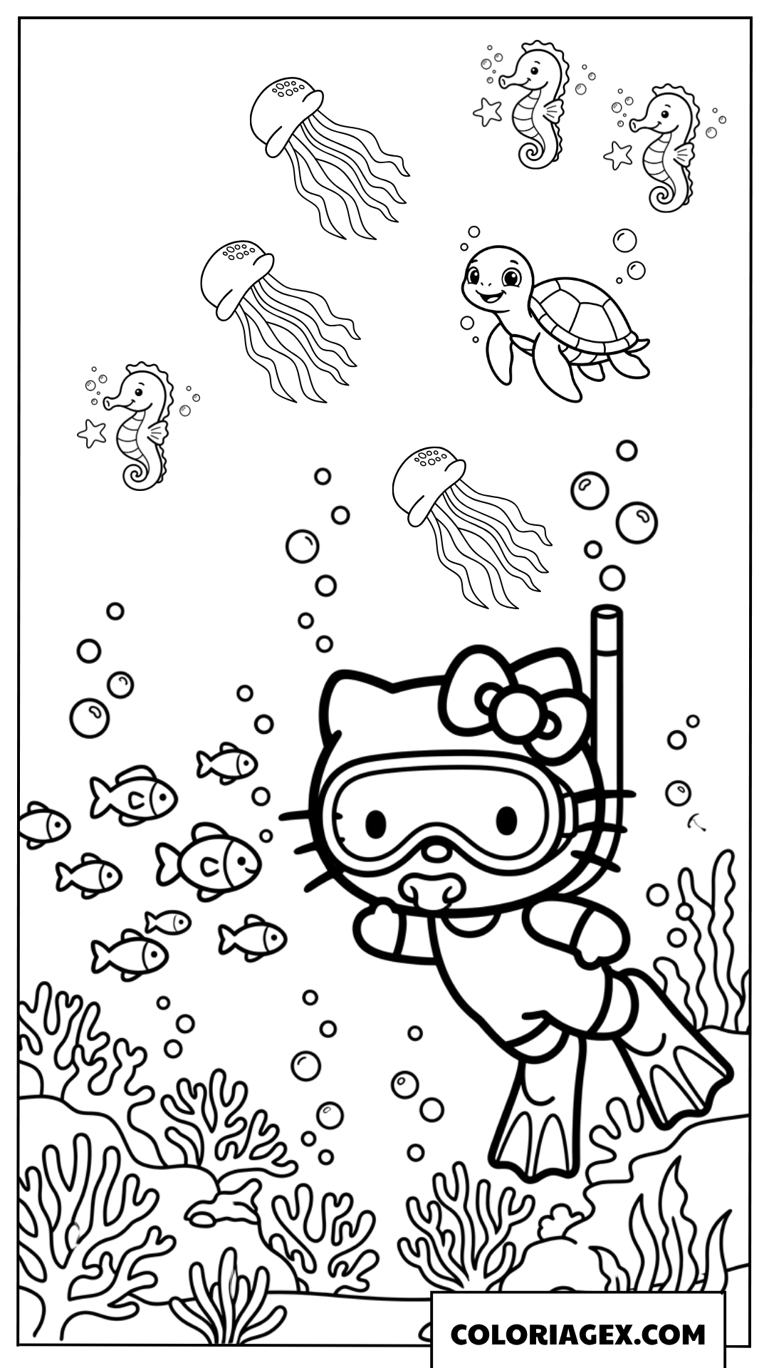 Dessin de Hello Kitty faisant de la plongee sous marine