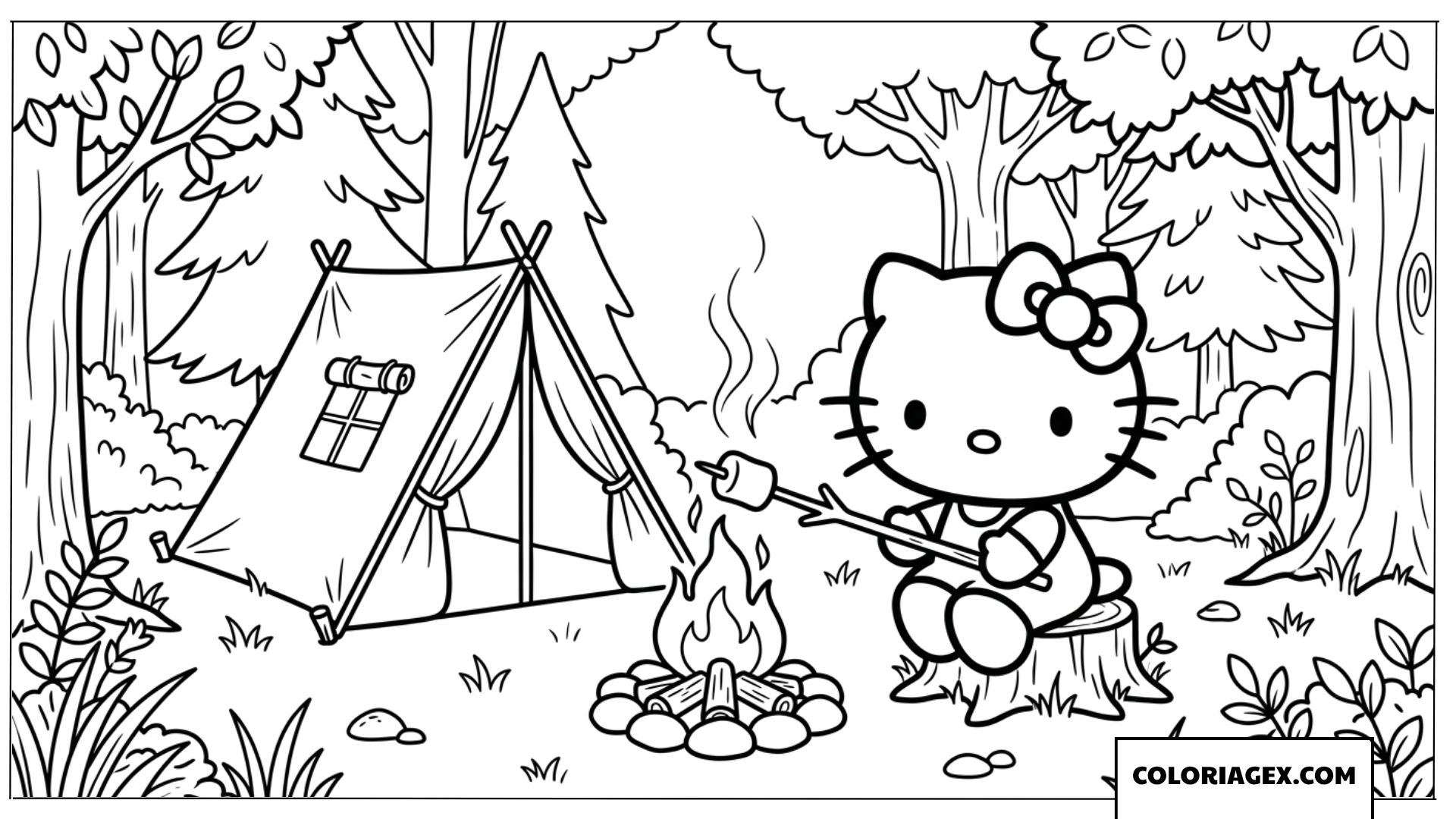 Dessin de Hello Kitty faisant griller une guimauve