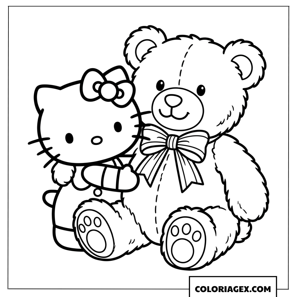 Dessin de Hello Kitty faisant un câlin à son ours en peluche