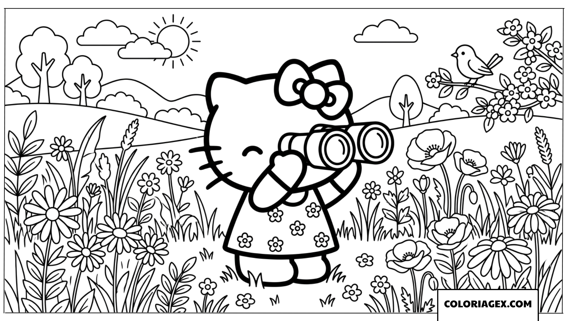Dessin de Hello Kitty observant un oiseau aux jumelles