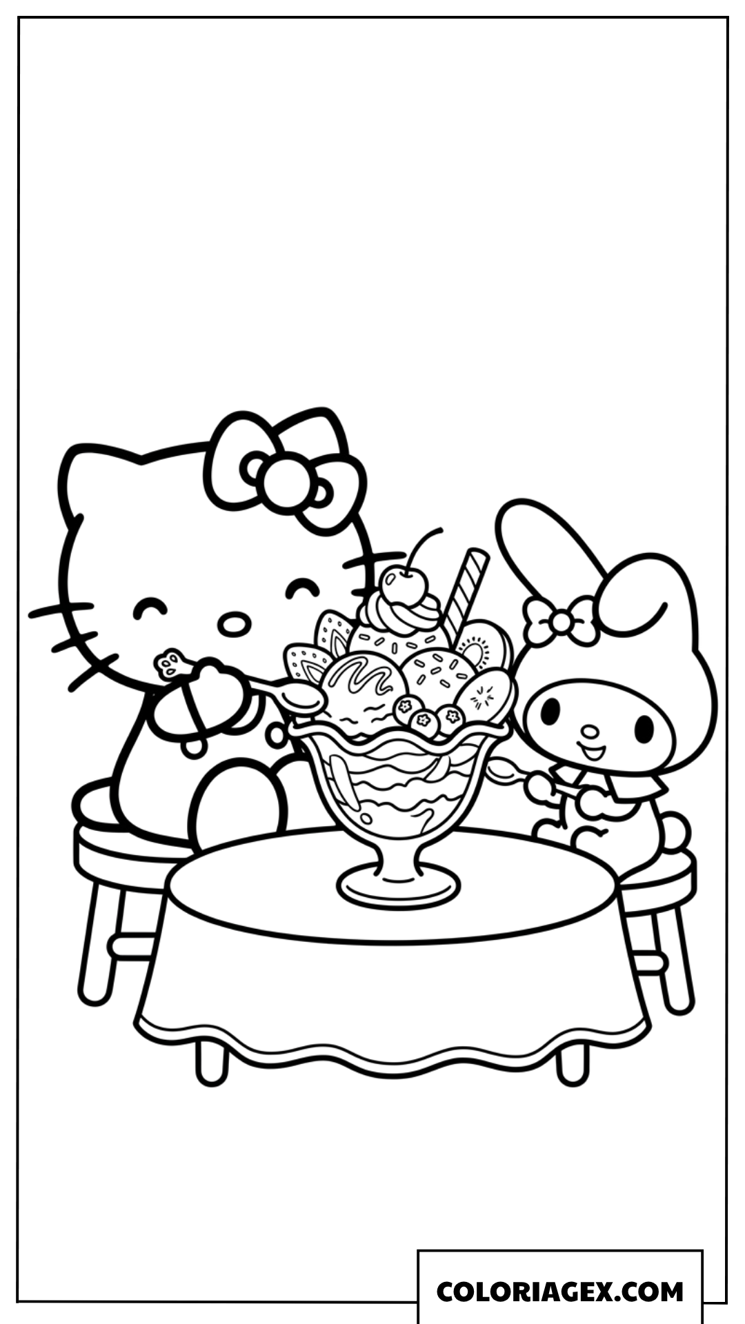 Dessin de Hello Kitty partageant une coupe glacee aux fruits