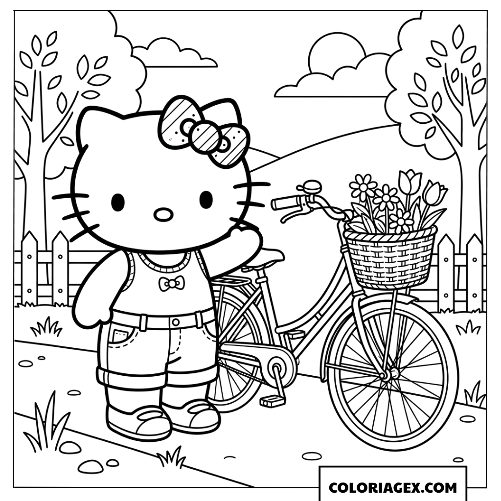 Dessin de Hello Kitty pres d un velo fleuri