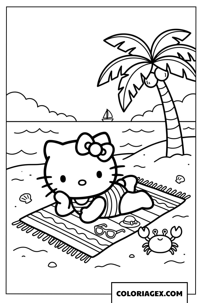 Dessin de Hello Kitty se relaxant sur la plage