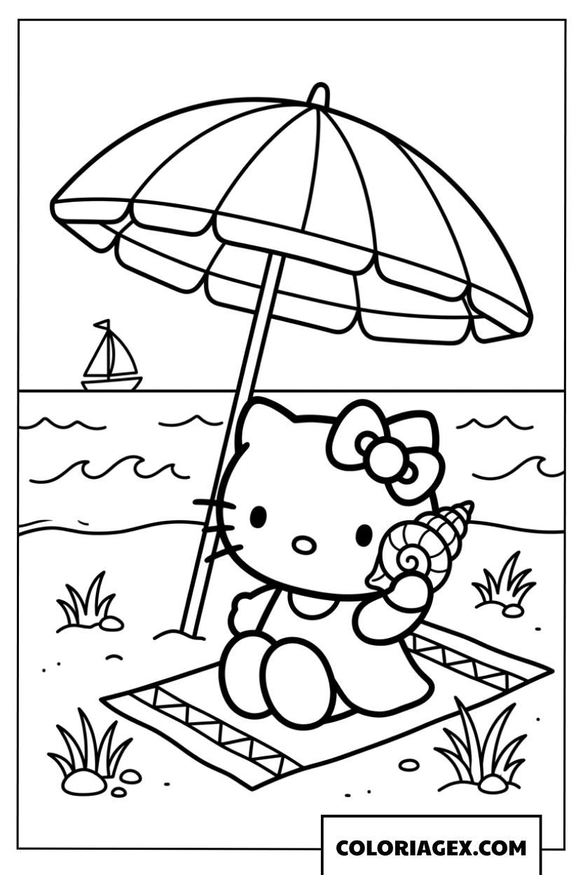 Dessin de Hello Kitty sous un parasol à la plage