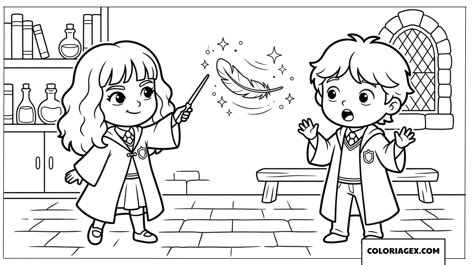 Dessin de Hermione Granger apprenant le sort Wingardium Leviosa