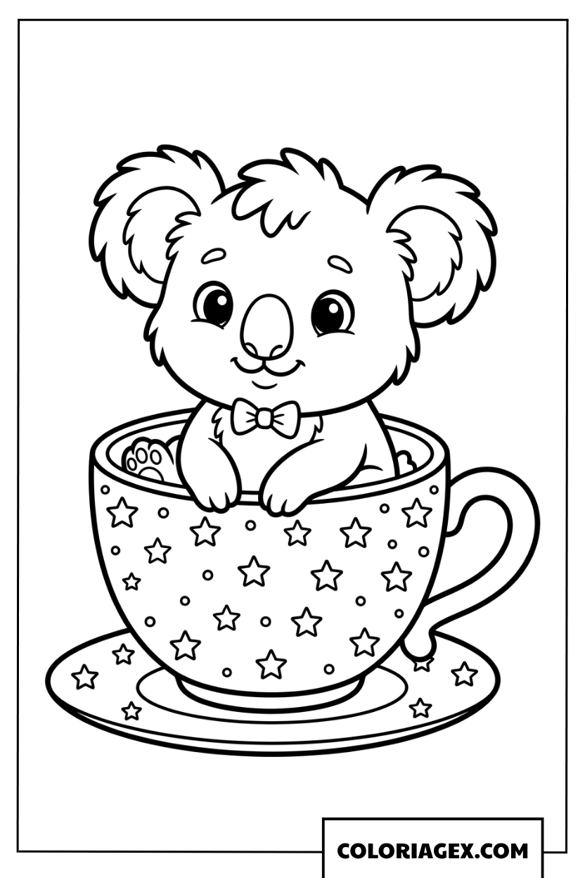 Dessin de Koala adorable assis dans une tasse à thé étoilée