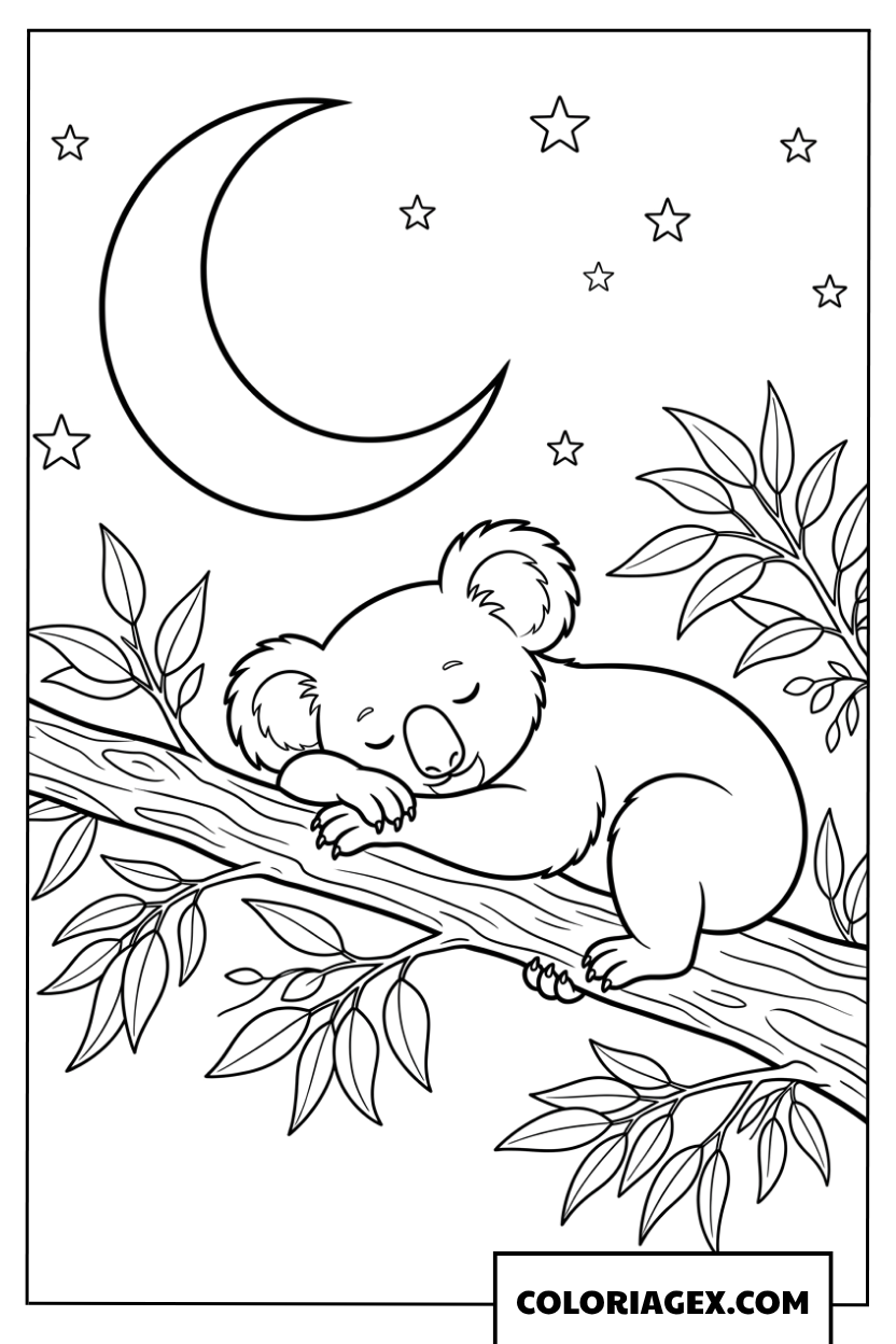 Dessin de Koala faisant la sieste sous un croissant de lune
