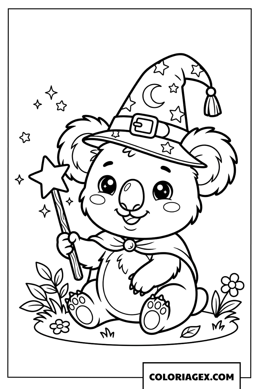 Dessin de Koala magicien avec une baguette et un chapeau